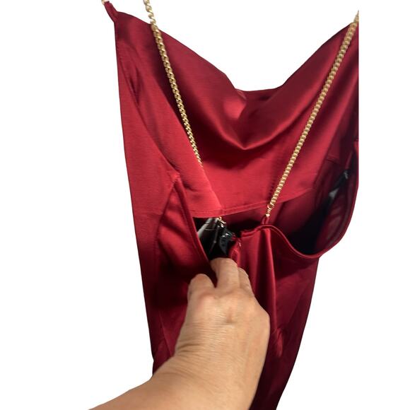 NBD Alessi Gown Satin Ruched Cowl Neck Chain Straps Side Slit Burgundy Size XS - Picture 13 of 13